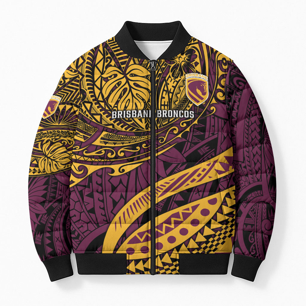 Personalised Brisbane Broncos Bomber Puffer Jacket Polynesian Tribal Art Style With Hammerhead Mascot