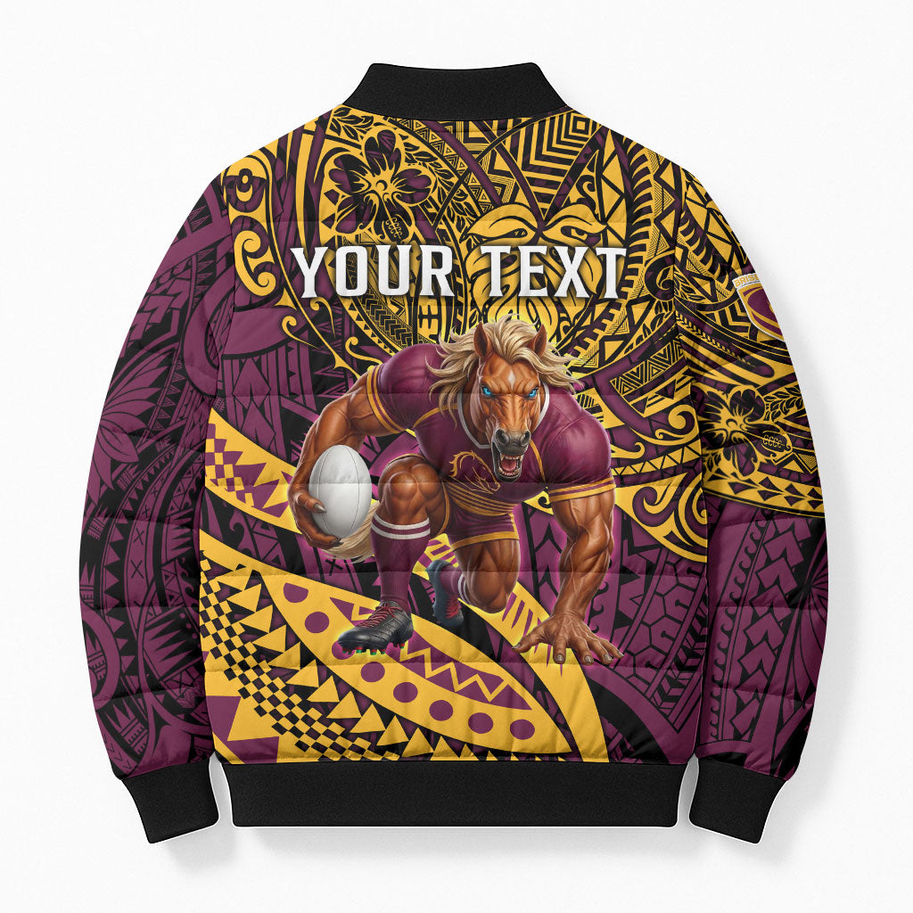 Personalised Brisbane Broncos Bomber Puffer Jacket Polynesian Tribal Art Style With Hammerhead Mascot