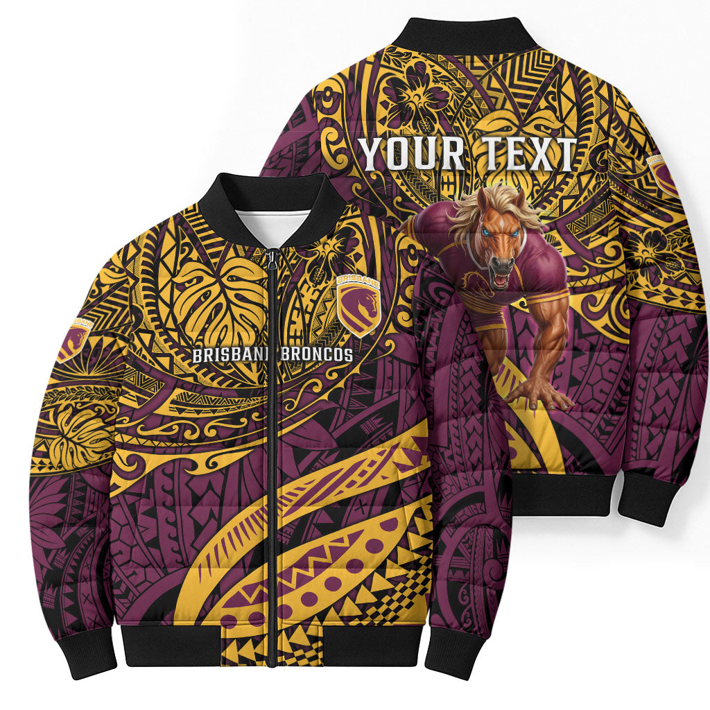Personalised Brisbane Broncos Bomber Puffer Jacket Polynesian Tribal Art Style With Hammerhead Mascot