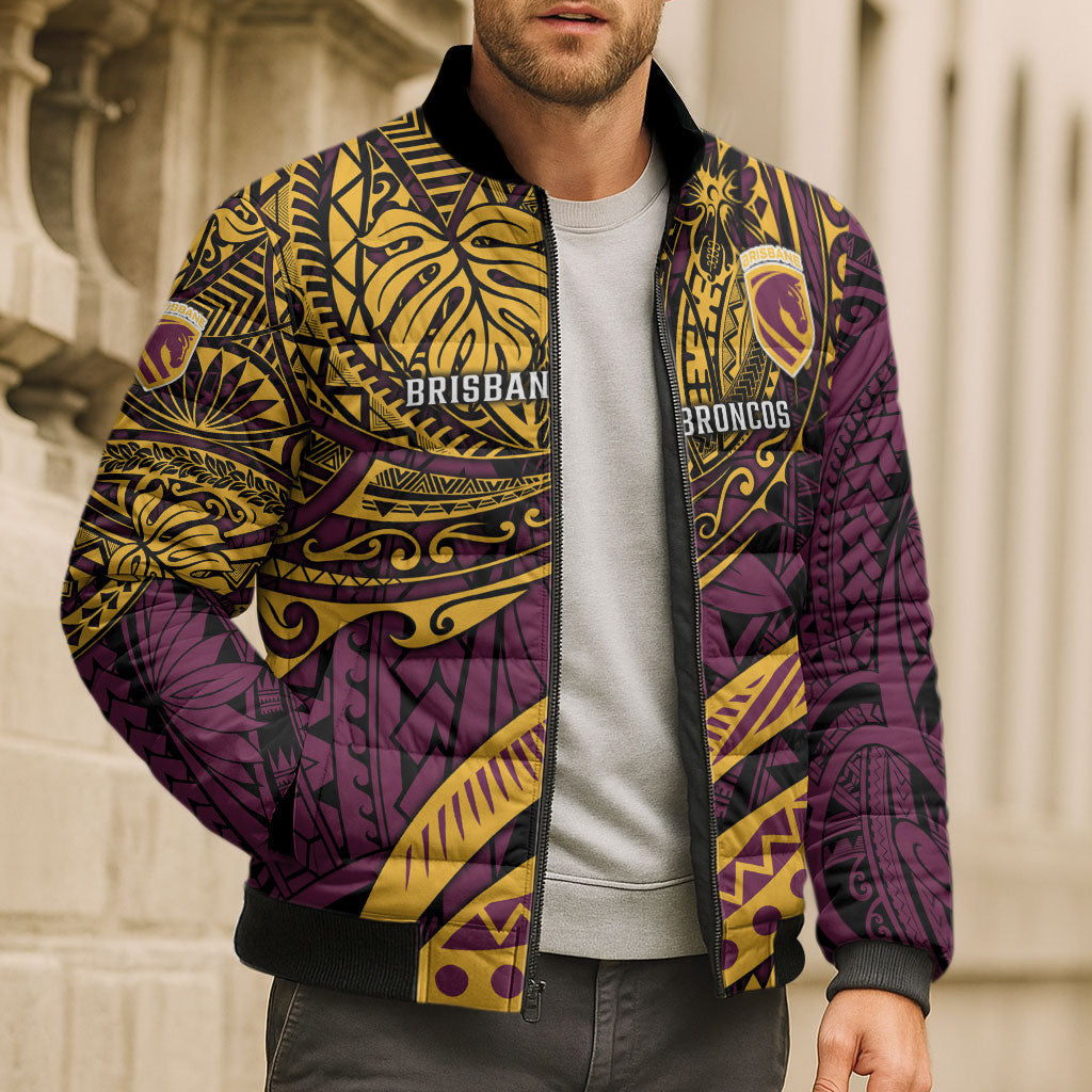 Personalised Brisbane Broncos Bomber Puffer Jacket Polynesian Tribal Art Style With Hammerhead Mascot