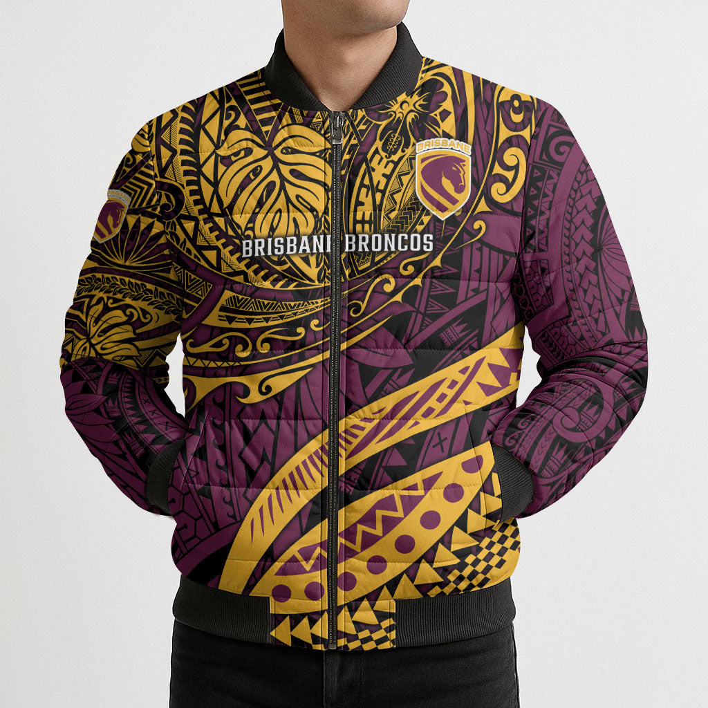 Personalised Brisbane Broncos Bomber Puffer Jacket Polynesian Tribal Art Style With Hammerhead Mascot