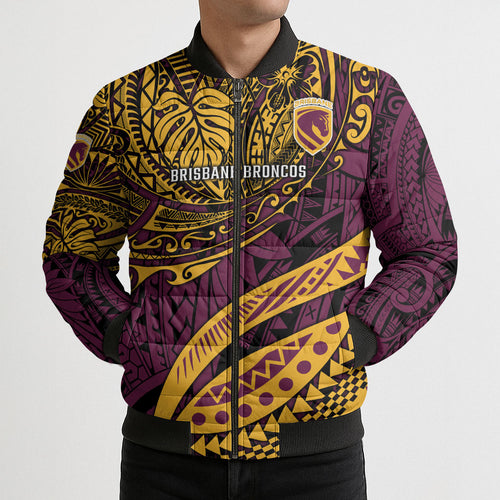 Personalised Brisbane Broncos Bomber Puffer Jacket Polynesian Tribal Art Style With Hammerhead Mascot