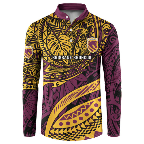 Personalised Brisbane Broncos Button Sweatshirt Polynesian Tribal Art Style With Hammerhead Mascot