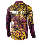 Personalised Brisbane Broncos Button Sweatshirt Polynesian Tribal Art Style With Hammerhead Mascot