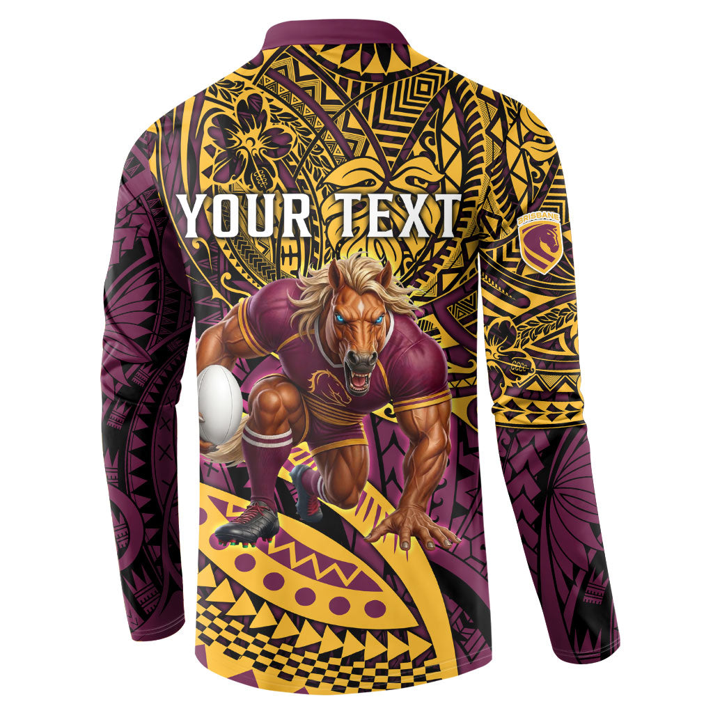 Personalised Brisbane Broncos Button Sweatshirt Polynesian Tribal Art Style With Hammerhead Mascot