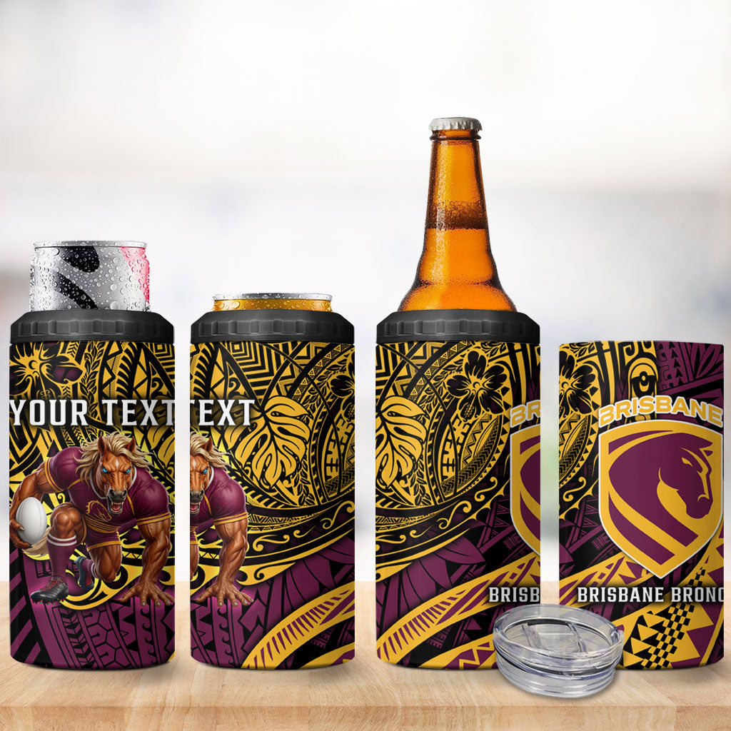 Personalised Brisbane Broncos 4 in 1 Can Cooler Tumbler Polynesian Tribal Art Style With Hammerhead Mascot