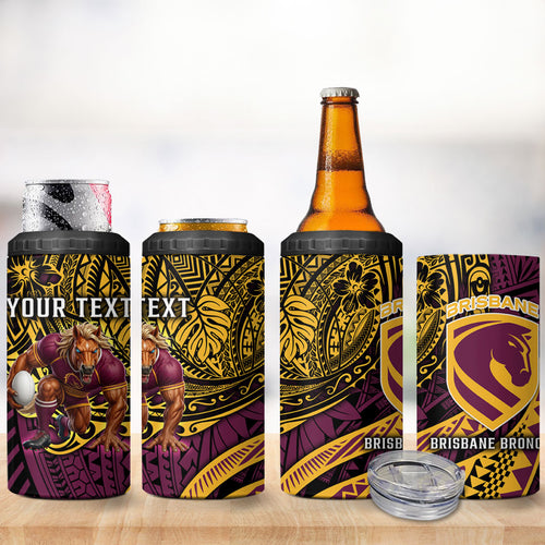 Personalised Brisbane Broncos 4 in 1 Can Cooler Tumbler Polynesian Tribal Art Style With Hammerhead Mascot