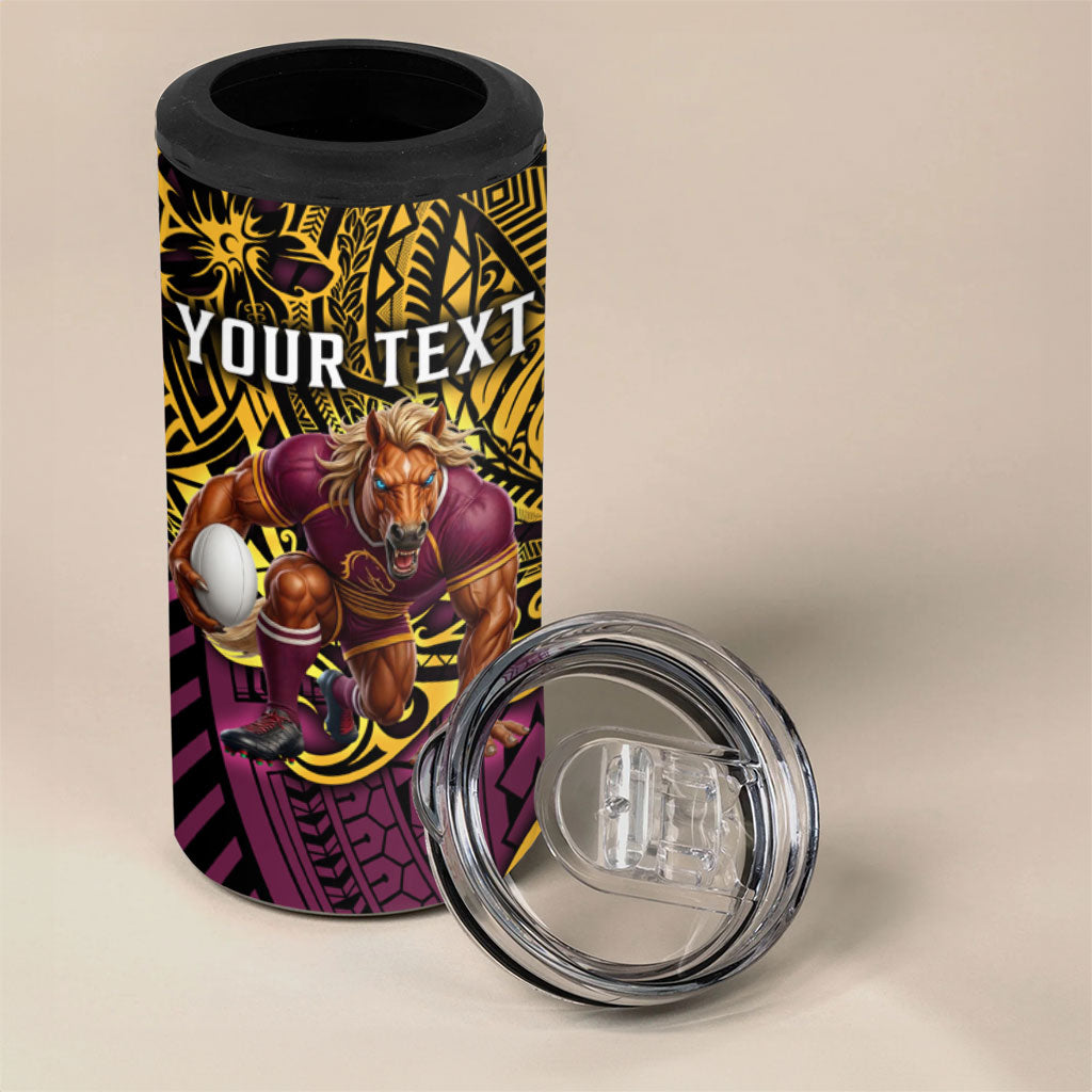 Personalised Brisbane Broncos 4 in 1 Can Cooler Tumbler Polynesian Tribal Art Style With Hammerhead Mascot