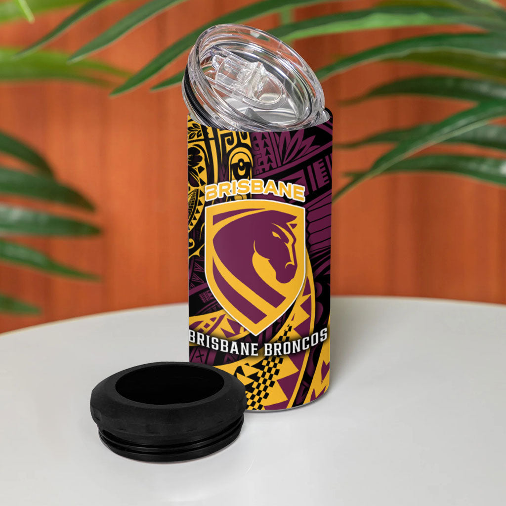 Personalised Brisbane Broncos 4 in 1 Can Cooler Tumbler Polynesian Tribal Art Style With Hammerhead Mascot