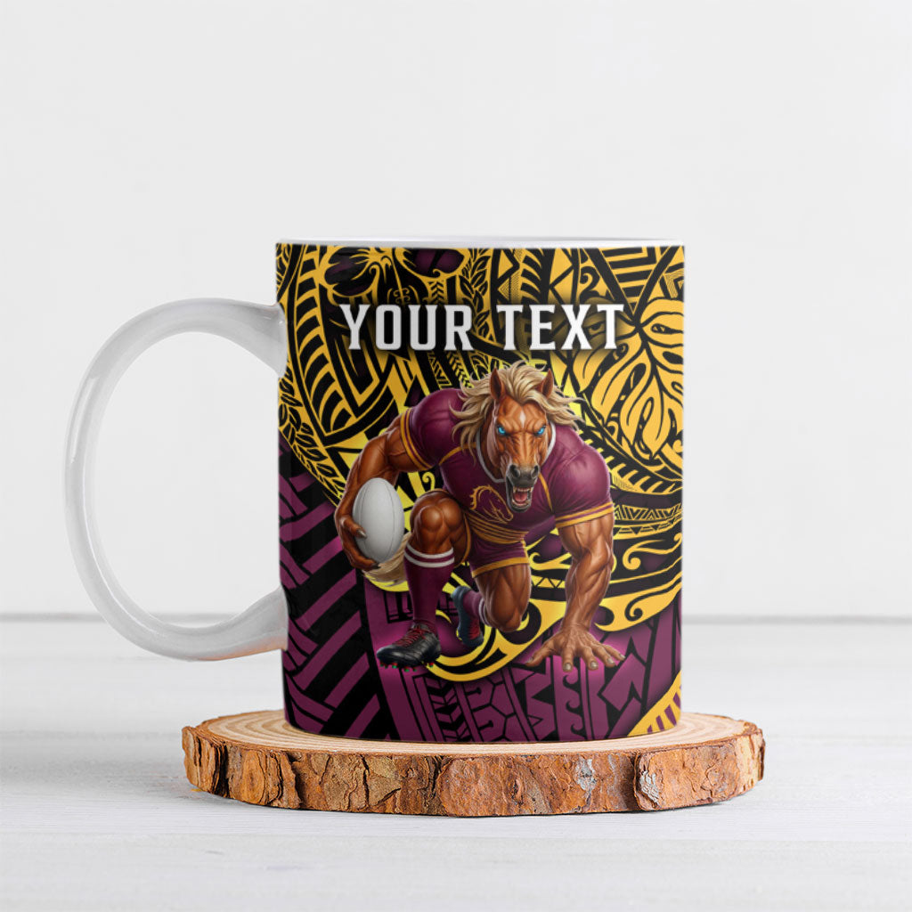 Personalised Brisbane Broncos Ceramic Mug Polynesian Tribal Art Style With Hammerhead Mascot