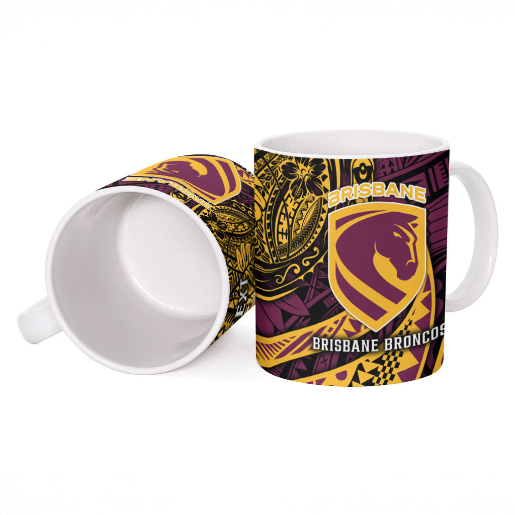 Personalised Brisbane Broncos Ceramic Mug Polynesian Tribal Art Style With Hammerhead Mascot