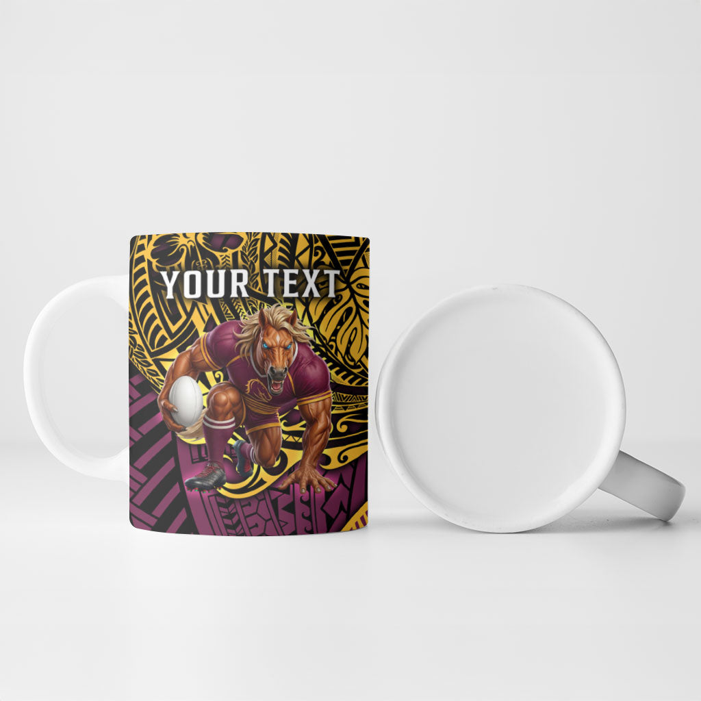 Personalised Brisbane Broncos Ceramic Mug Polynesian Tribal Art Style With Hammerhead Mascot
