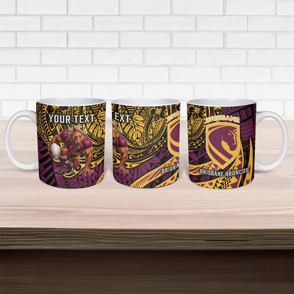 Personalised Brisbane Broncos Ceramic Mug Polynesian Tribal Art Style With Hammerhead Mascot