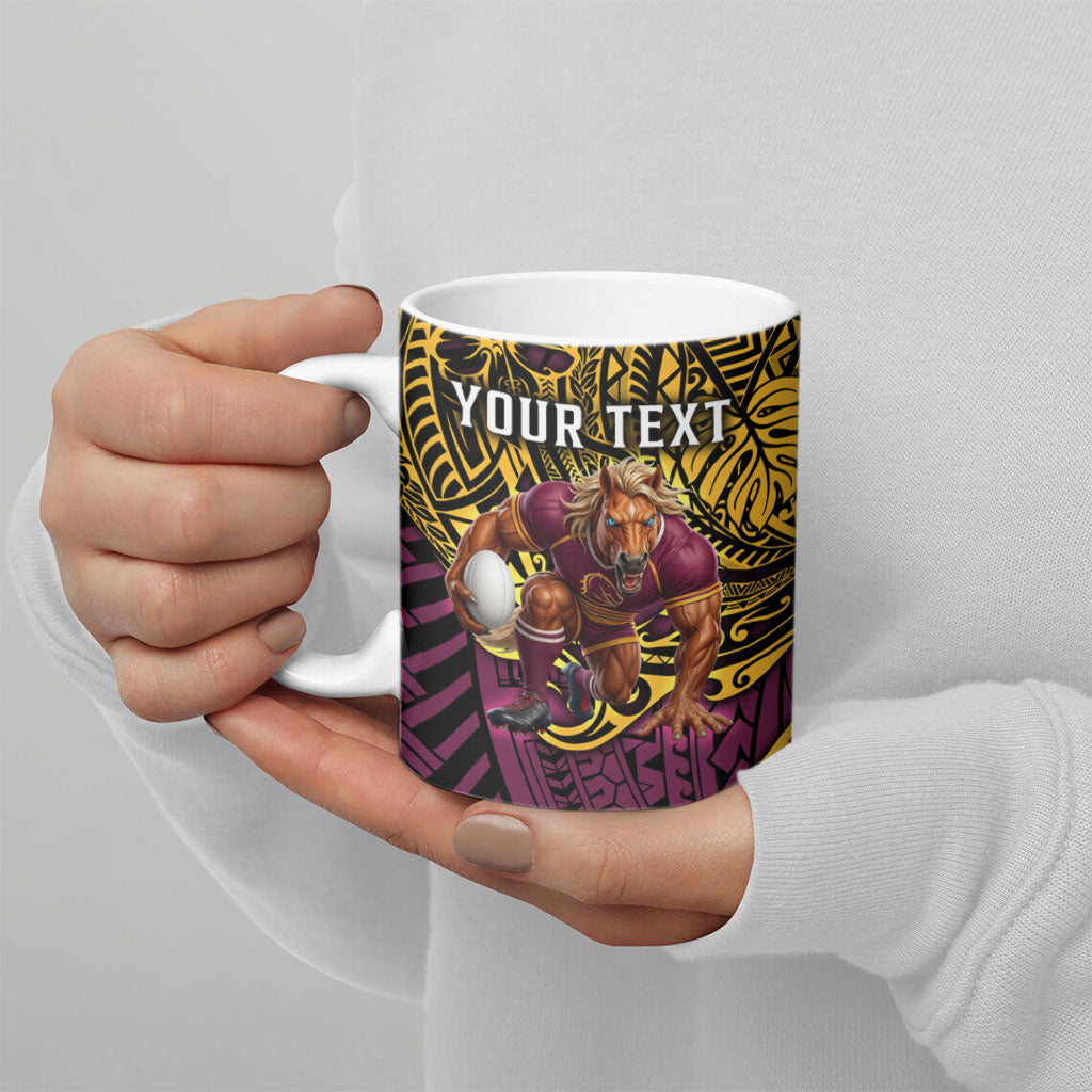 Personalised Brisbane Broncos Ceramic Mug Polynesian Tribal Art Style With Hammerhead Mascot