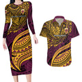 Personalised Brisbane Broncos Couples Matching Long Sleeve Bodycon Dress and Hawaiian Shirt Polynesian Tribal Art Style With Hammerhead Mascot