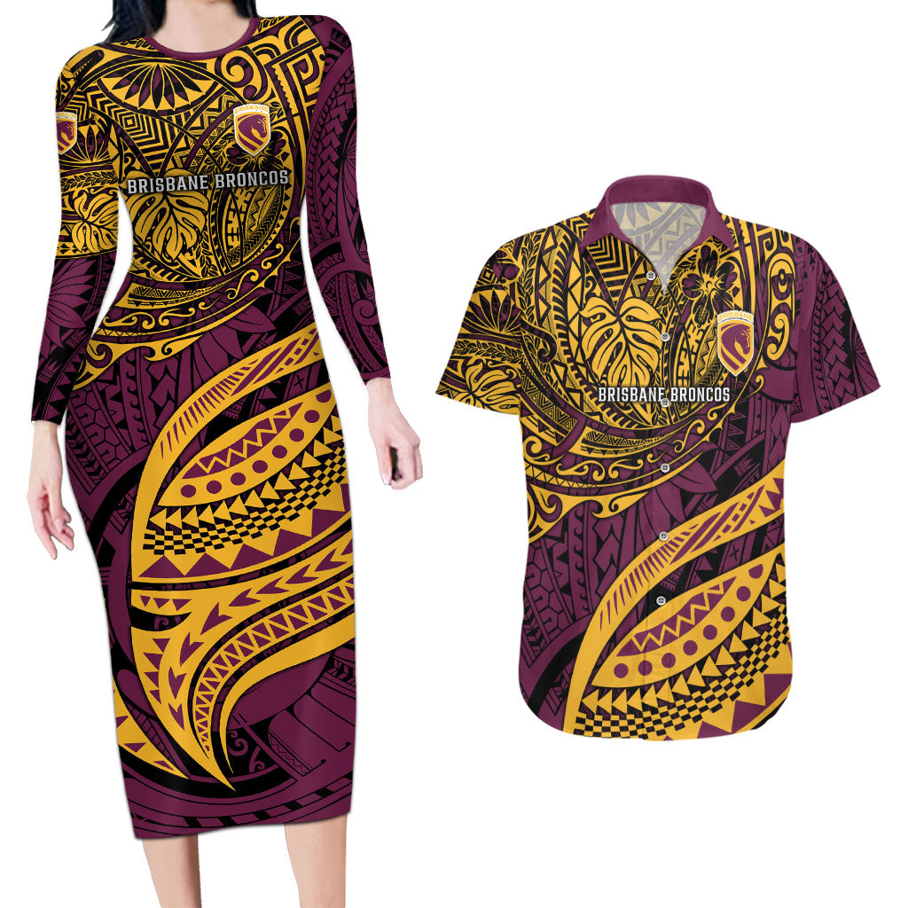 Personalised Brisbane Broncos Couples Matching Long Sleeve Bodycon Dress and Hawaiian Shirt Polynesian Tribal Art Style With Hammerhead Mascot