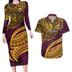 Personalised Brisbane Broncos Couples Matching Long Sleeve Bodycon Dress and Hawaiian Shirt Polynesian Tribal Art Style With Hammerhead Mascot