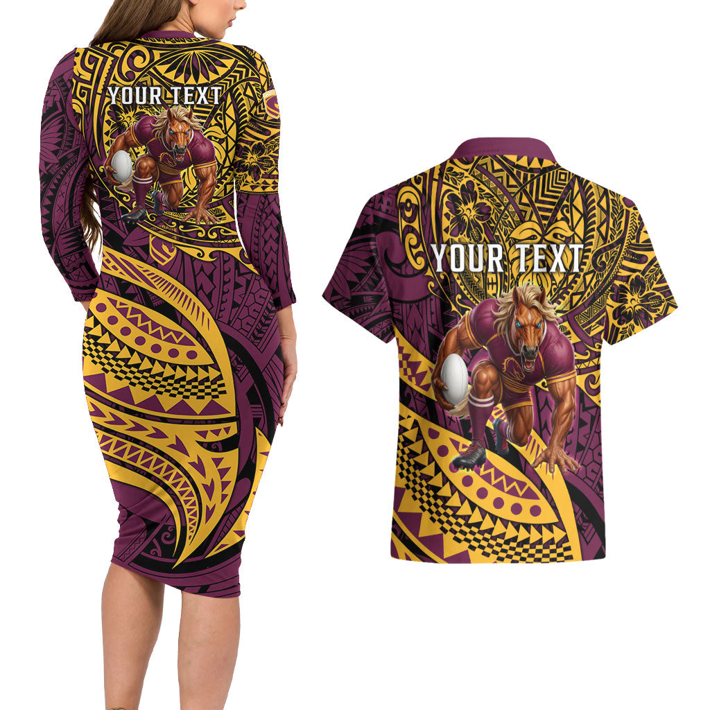 Personalised Brisbane Broncos Couples Matching Long Sleeve Bodycon Dress and Hawaiian Shirt Polynesian Tribal Art Style With Hammerhead Mascot