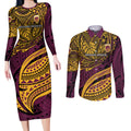 Personalised Brisbane Broncos Couples Matching Long Sleeve Bodycon Dress and Long Sleeve Button Shirt Polynesian Tribal Art Style With Hammerhead Mascot