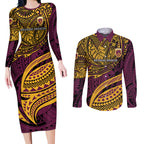 Personalised Brisbane Broncos Couples Matching Long Sleeve Bodycon Dress and Long Sleeve Button Shirt Polynesian Tribal Art Style With Hammerhead Mascot