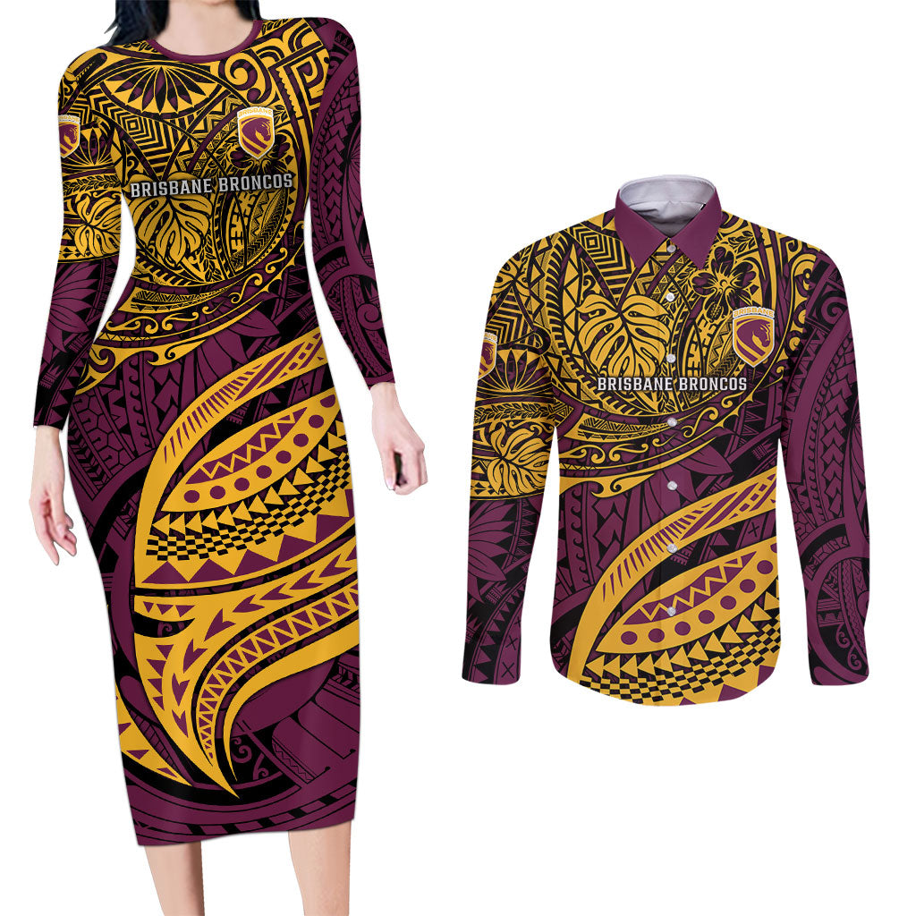 Personalised Brisbane Broncos Couples Matching Long Sleeve Bodycon Dress and Long Sleeve Button Shirt Polynesian Tribal Art Style With Hammerhead Mascot
