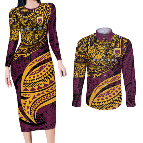 Personalised Brisbane Broncos Couples Matching Long Sleeve Bodycon Dress and Long Sleeve Button Shirt Polynesian Tribal Art Style With Hammerhead Mascot
