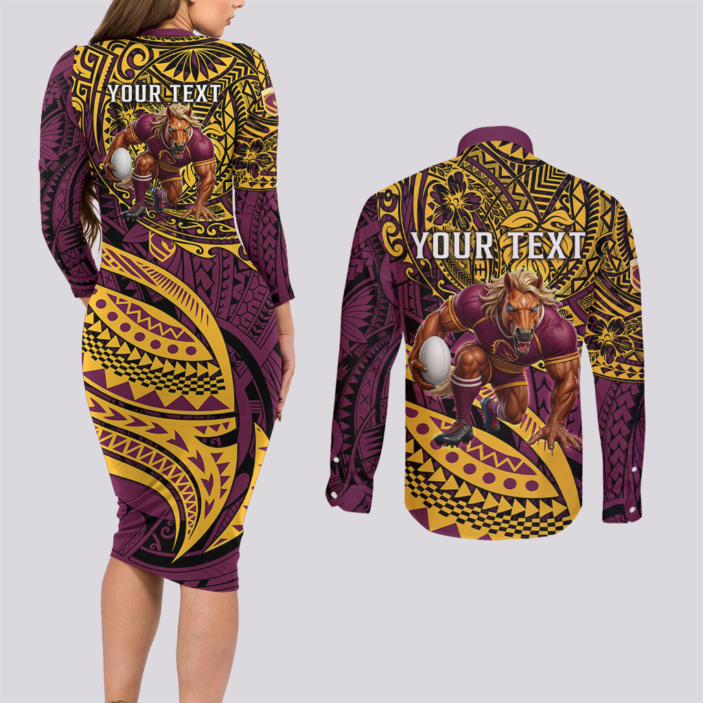 Personalised Brisbane Broncos Couples Matching Long Sleeve Bodycon Dress and Long Sleeve Button Shirt Polynesian Tribal Art Style With Hammerhead Mascot
