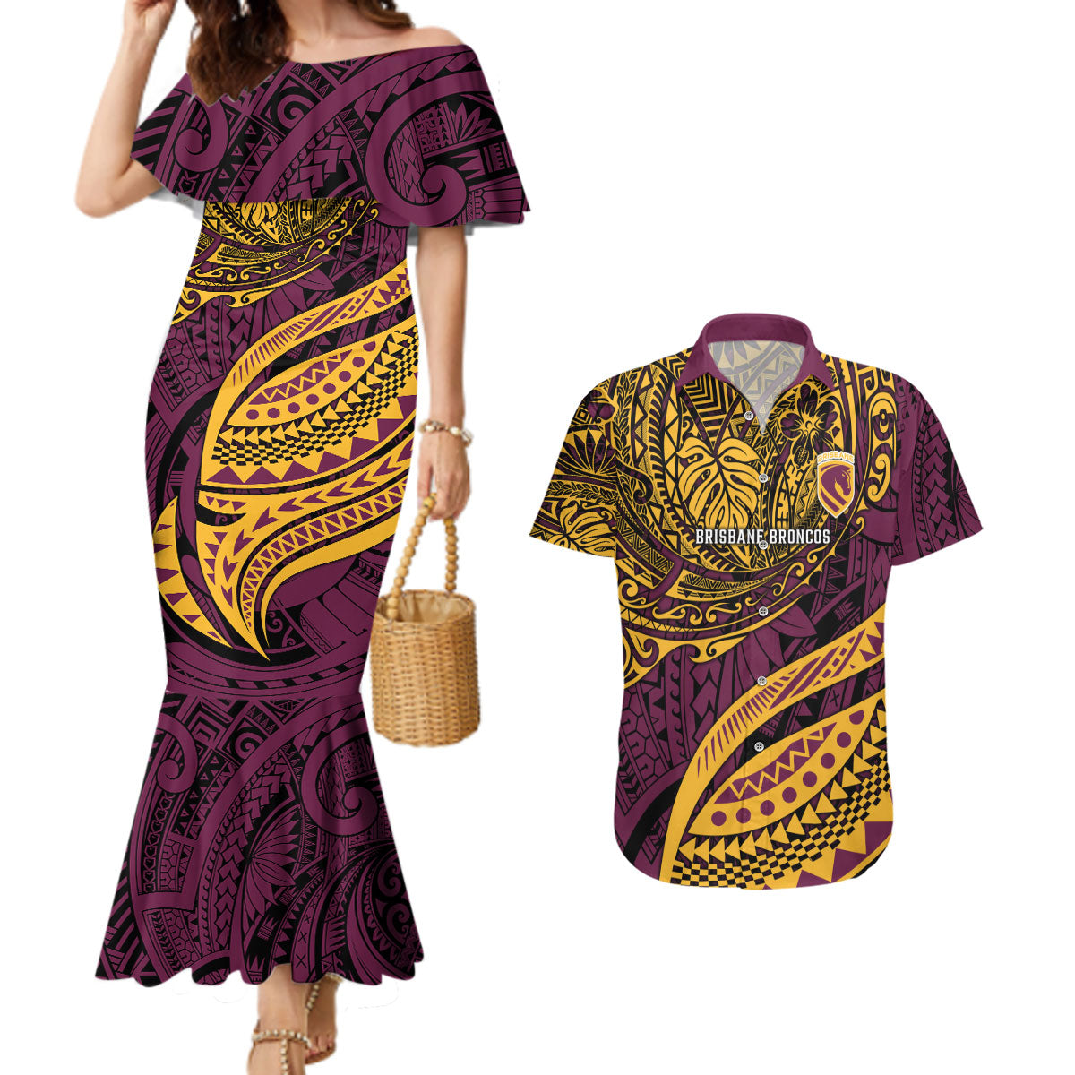 Personalised Brisbane Broncos Couples Matching Mermaid Dress and Hawaiian Shirt Polynesian Tribal Art Style With Hammerhead Mascot