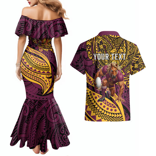Personalised Brisbane Broncos Couples Matching Mermaid Dress and Hawaiian Shirt Polynesian Tribal Art Style With Hammerhead Mascot