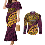 Personalised Brisbane Broncos Couples Matching Mermaid Dress and Long Sleeve Button Shirt Polynesian Tribal Art Style With Hammerhead Mascot