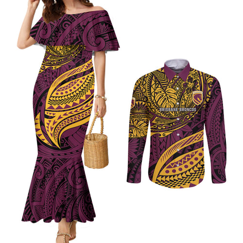 Personalised Brisbane Broncos Couples Matching Mermaid Dress and Long Sleeve Button Shirt Polynesian Tribal Art Style With Hammerhead Mascot