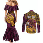 Personalised Brisbane Broncos Couples Matching Mermaid Dress and Long Sleeve Button Shirt Polynesian Tribal Art Style With Hammerhead Mascot