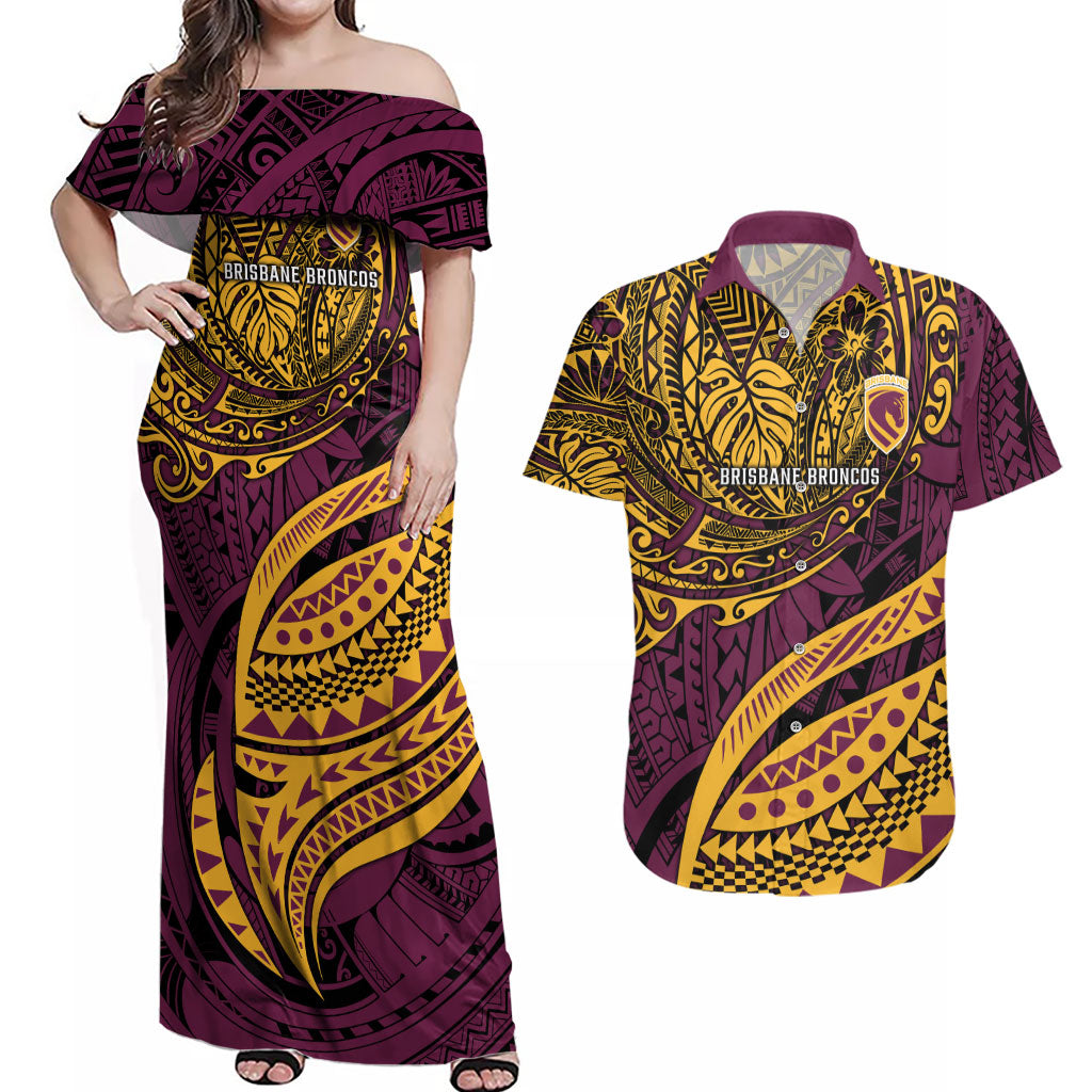 Personalised Brisbane Broncos Couples Matching Off Shoulder Maxi Dress and Hawaiian Shirt Polynesian Tribal Art Style With Hammerhead Mascot
