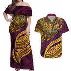 Personalised Brisbane Broncos Couples Matching Off Shoulder Maxi Dress and Hawaiian Shirt Polynesian Tribal Art Style With Hammerhead Mascot