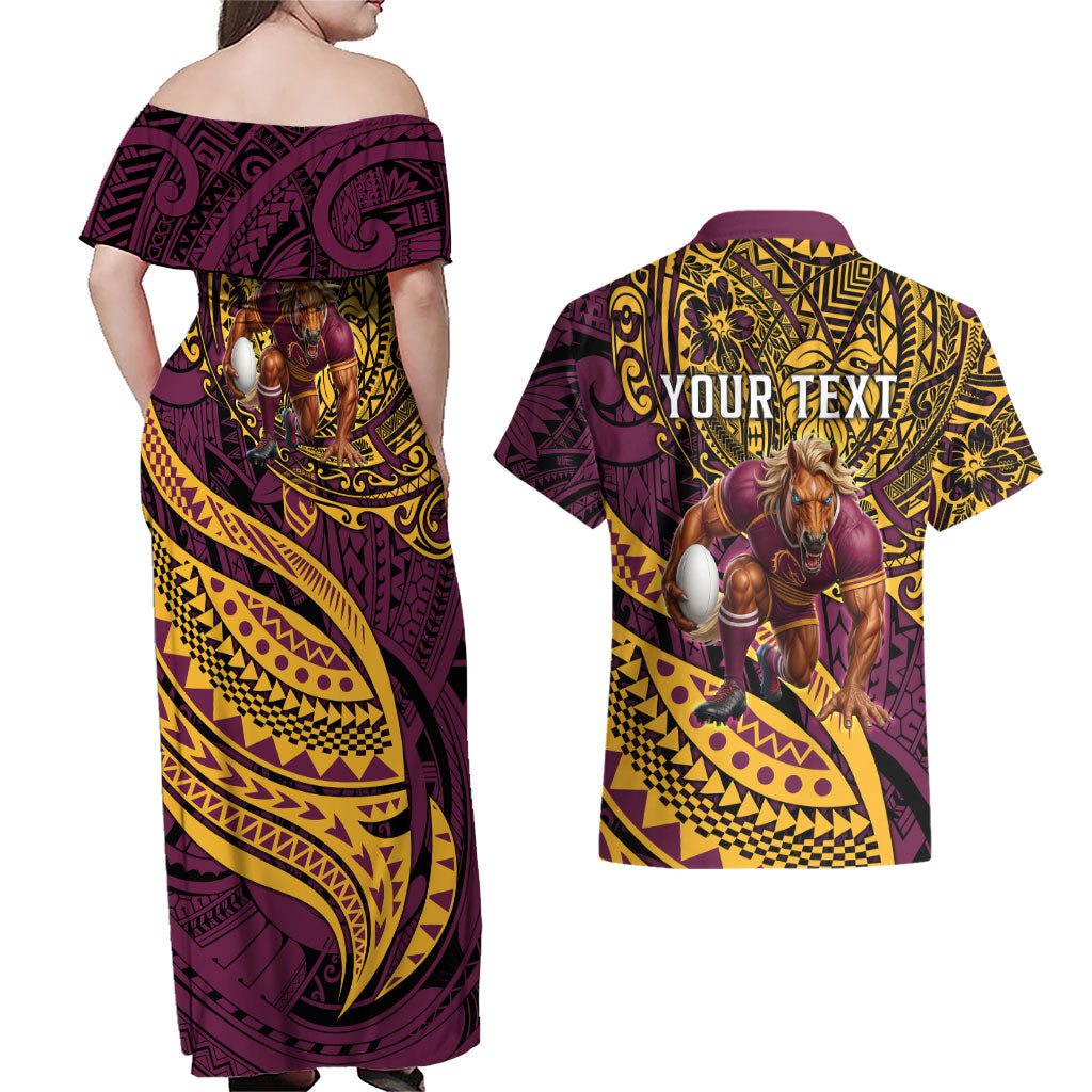 Personalised Brisbane Broncos Couples Matching Off Shoulder Maxi Dress and Hawaiian Shirt Polynesian Tribal Art Style With Hammerhead Mascot