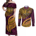 Personalised Brisbane Broncos Couples Matching Off Shoulder Maxi Dress and Long Sleeve Button Shirt Polynesian Tribal Art Style With Hammerhead Mascot