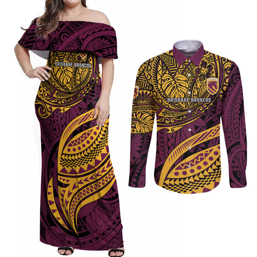 Personalised Brisbane Broncos Couples Matching Off Shoulder Maxi Dress and Long Sleeve Button Shirt Polynesian Tribal Art Style With Hammerhead Mascot