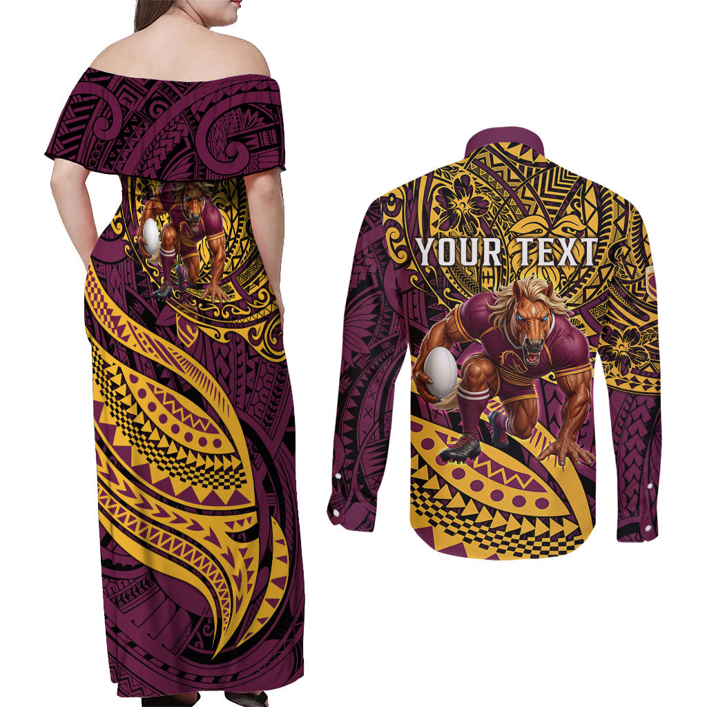 Personalised Brisbane Broncos Couples Matching Off Shoulder Maxi Dress and Long Sleeve Button Shirt Polynesian Tribal Art Style With Hammerhead Mascot
