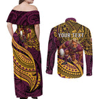 Personalised Brisbane Broncos Couples Matching Off Shoulder Maxi Dress and Long Sleeve Button Shirt Polynesian Tribal Art Style With Hammerhead Mascot