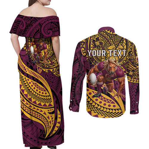 Personalised Brisbane Broncos Couples Matching Off Shoulder Maxi Dress and Long Sleeve Button Shirt Polynesian Tribal Art Style With Hammerhead Mascot