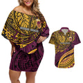 Personalised Brisbane Broncos Couples Matching Off Shoulder Short Dress and Hawaiian Shirt Polynesian Tribal Art Style With Hammerhead Mascot