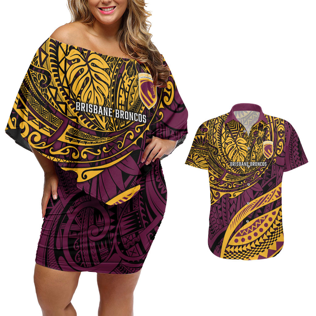 Personalised Brisbane Broncos Couples Matching Off Shoulder Short Dress and Hawaiian Shirt Polynesian Tribal Art Style With Hammerhead Mascot