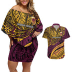 Personalised Brisbane Broncos Couples Matching Off Shoulder Short Dress and Hawaiian Shirt Polynesian Tribal Art Style With Hammerhead Mascot