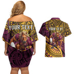 Personalised Brisbane Broncos Couples Matching Off Shoulder Short Dress and Hawaiian Shirt Polynesian Tribal Art Style With Hammerhead Mascot