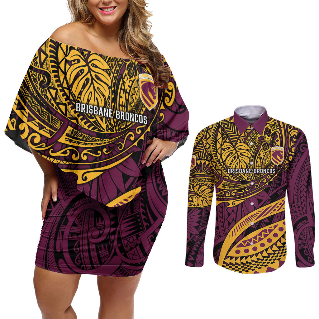Personalised Brisbane Broncos Couples Matching Off Shoulder Short Dress and Long Sleeve Button Shirt Polynesian Tribal Art Style With Hammerhead Mascot