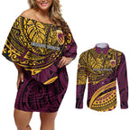 Personalised Brisbane Broncos Couples Matching Off Shoulder Short Dress and Long Sleeve Button Shirt Polynesian Tribal Art Style With Hammerhead Mascot