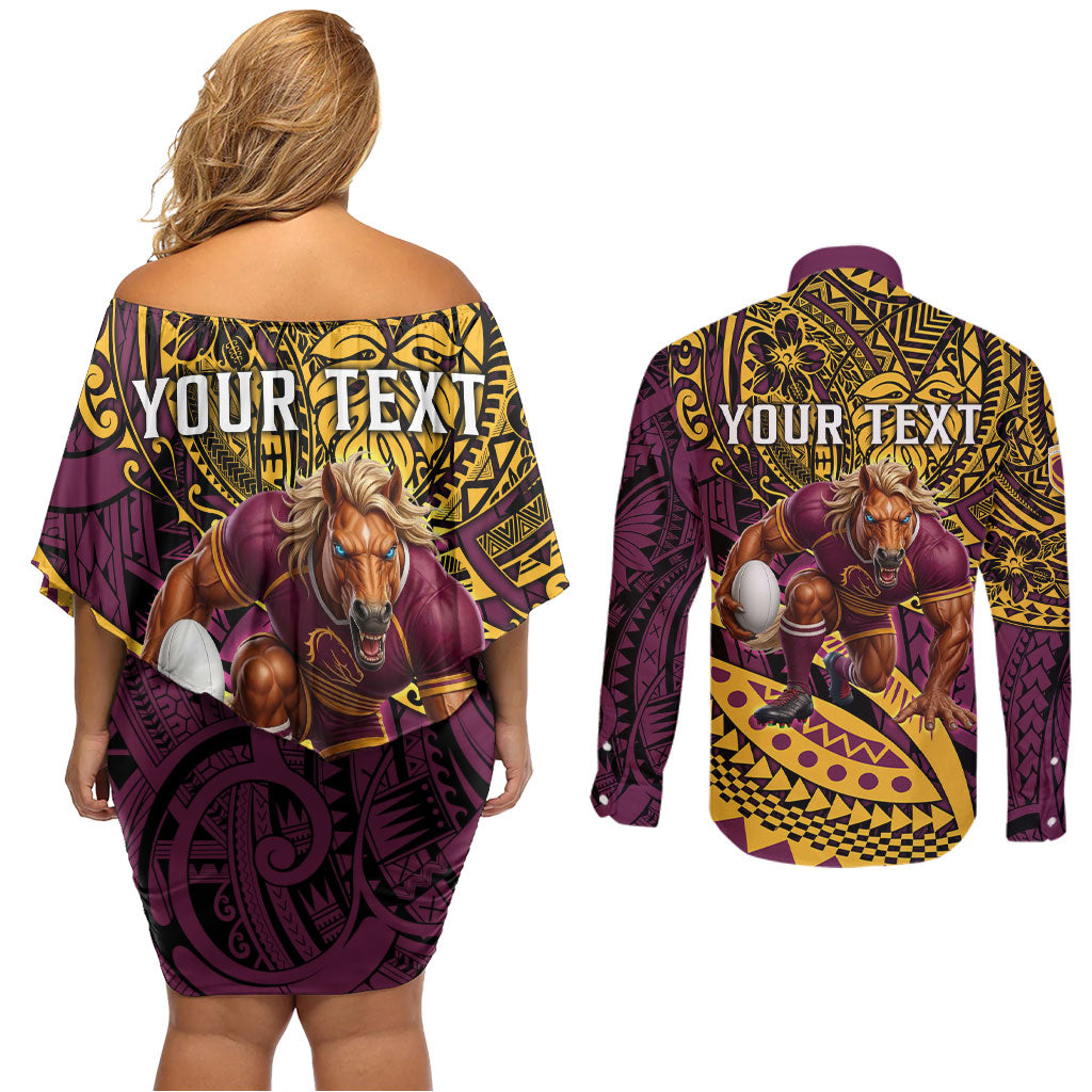 Personalised Brisbane Broncos Couples Matching Off Shoulder Short Dress and Long Sleeve Button Shirt Polynesian Tribal Art Style With Hammerhead Mascot