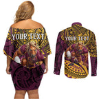 Personalised Brisbane Broncos Couples Matching Off Shoulder Short Dress and Long Sleeve Button Shirt Polynesian Tribal Art Style With Hammerhead Mascot