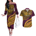 Personalised Brisbane Broncos Couples Matching Off The Shoulder Long Sleeve Dress and Hawaiian Shirt Polynesian Tribal Art Style With Hammerhead Mascot