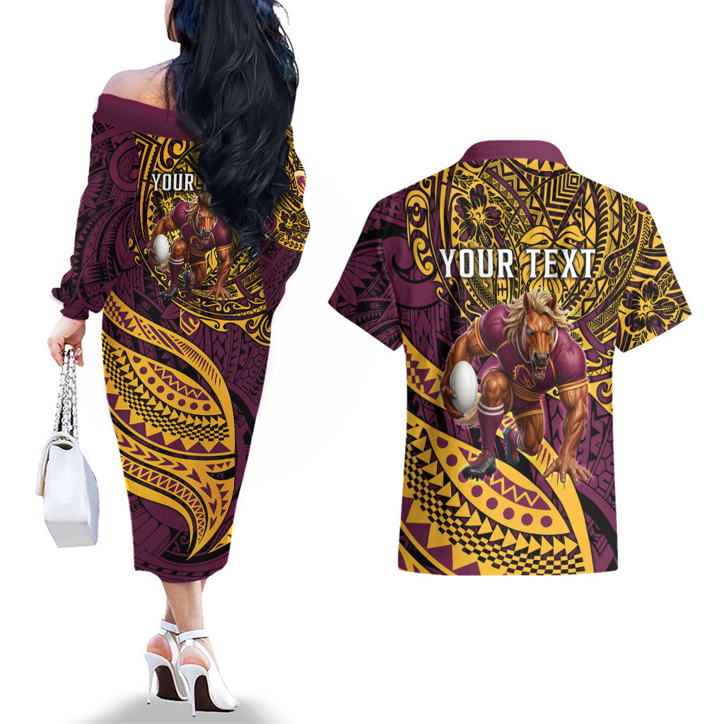 Personalised Brisbane Broncos Couples Matching Off The Shoulder Long Sleeve Dress and Hawaiian Shirt Polynesian Tribal Art Style With Hammerhead Mascot